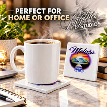 E011 Waterfall Sunset Landscape ceramic coaster by Mythic Airbrush, original Air-Volution design — product image 4
