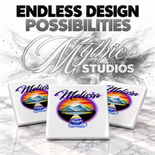 E011 Waterfall Sunset Landscape ceramic coaster by Mythic Airbrush, original Air-Volution design — product image 6