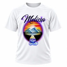 Personalized Waterfall Sunset Landscape T-Shirt, front-view T-shirt mockup featuring custom Air-Volution artwork by Mythic Airbrush
