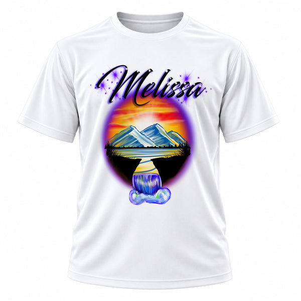 Personalized Waterfall Sunset Landscape T-Shirt, front-view T-shirt mockup featuring custom Air-Volution artwork by Mythic Airbrush