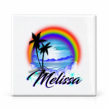 E012 Rainbow Beach Landscape ceramic coaster by Mythic Airbrush, original Air-Volution design — main image