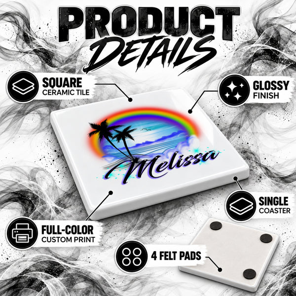 E012 Rainbow Beach Landscape ceramic coaster by Mythic Airbrush, original Air-Volution design — product image 3