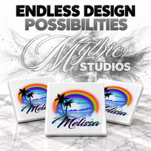 E012 Rainbow Beach Landscape ceramic coaster by Mythic Airbrush, original Air-Volution design — product image 6