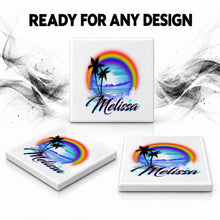 E012 Rainbow Beach Landscape ceramic coaster by Mythic Airbrush, original Air-Volution design — product image 7