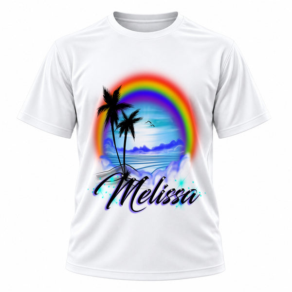 Personalized Rainbow Beach Landscape T-Shirt, front-view T-shirt mockup featuring custom Air-Volution artwork by Mythic Airbrush