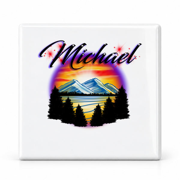 E013 Tree Mountain Lake ceramic coaster by Mythic Airbrush, original Air-Volution design — main image