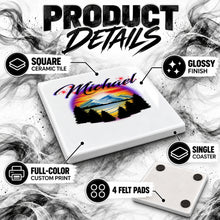 E013 Tree Mountain Lake ceramic coaster by Mythic Airbrush, original Air-Volution design — product image 3