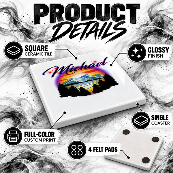 E013 Tree Mountain Lake ceramic coaster by Mythic Airbrush, original Air-Volution design — product image 3