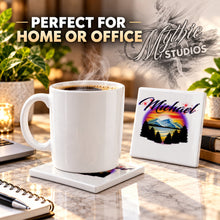 E013 Tree Mountain Lake ceramic coaster by Mythic Airbrush, original Air-Volution design — product image 4