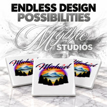 E013 Tree Mountain Lake ceramic coaster by Mythic Airbrush, original Air-Volution design — product image 6