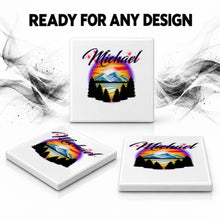E013 Tree Mountain Lake ceramic coaster by Mythic Airbrush, original Air-Volution design — product image 7