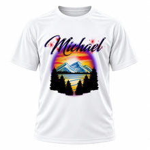 Personalized Tree Mountain Lake T-Shirt, front-view T-shirt mockup featuring custom Air-Volution artwork by Mythic Airbrush