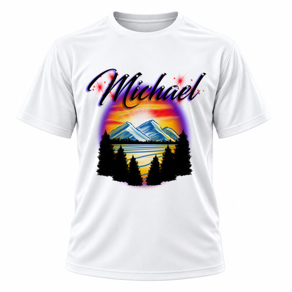 Personalized Tree Mountain Lake T-Shirt, front-view T-shirt mockup featuring custom Air-Volution artwork by Mythic Airbrush
