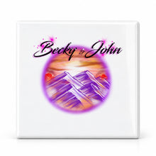 E014 Mountain Sunset Landscape ceramic coaster by Mythic Airbrush, original Air-Volution design — main image