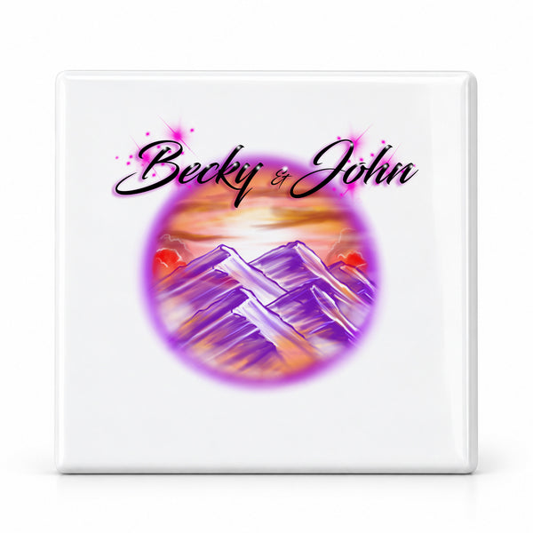 E014 Mountain Sunset Landscape ceramic coaster by Mythic Airbrush, original Air-Volution design — main image