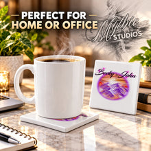 E014 Mountain Sunset Landscape ceramic coaster by Mythic Airbrush, original Air-Volution design — product image 4
