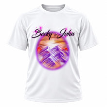 Personalized Mountain Sunset Landscape T-Shirt, front-view T-shirt mockup featuring custom Air-Volution artwork by Mythic Airbrush