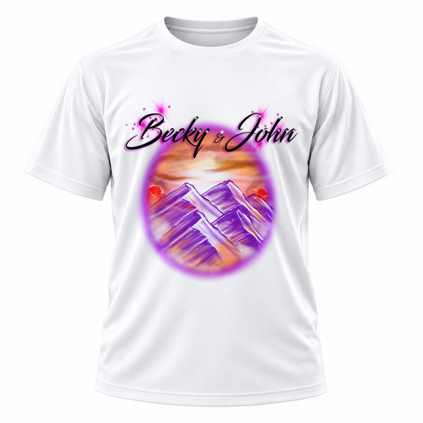 Personalized Mountain Sunset Landscape T-Shirt, front-view T-shirt mockup featuring custom Air-Volution artwork by Mythic Airbrush
