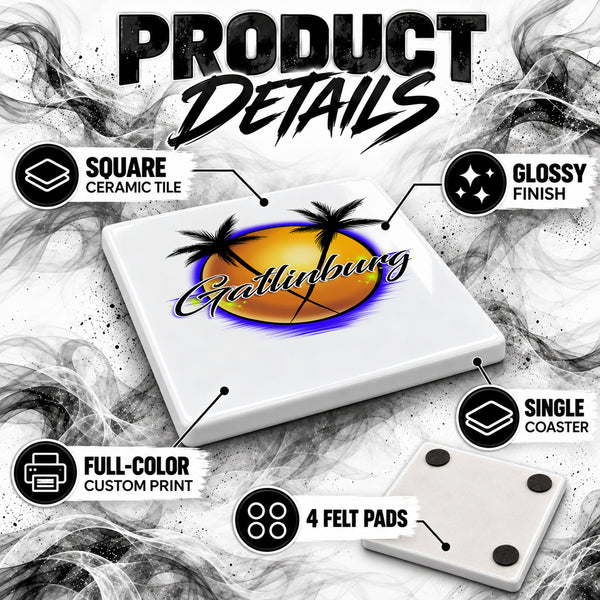 E015 Gatlinburg Mountain Sunset ceramic coaster by Mythic Airbrush, original Air-Volution design — product image 3