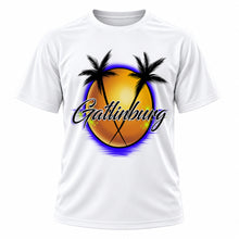 Personalized Gatlinburg Mountain Sunset T-Shirt, front-view T-shirt mockup featuring custom Air-Volution artwork by Mythic Airbrush
