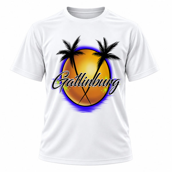 Personalized Gatlinburg Mountain Sunset T-Shirt, front-view T-shirt mockup featuring custom Air-Volution artwork by Mythic Airbrush
