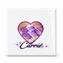 E016 Heart Mountain Sunset ceramic coaster by Mythic Airbrush, original Air-Volution design — main image