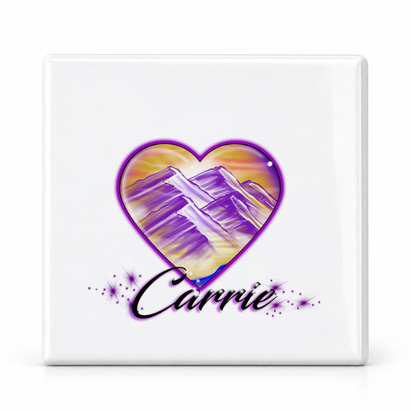 E016 Heart Mountain Sunset ceramic coaster by Mythic Airbrush, original Air-Volution design — main image