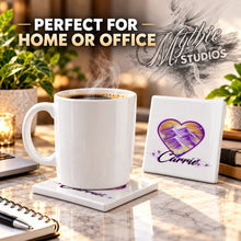 E016 Heart Mountain Sunset ceramic coaster by Mythic Airbrush, original Air-Volution design — product image 4