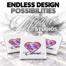 E016 Heart Mountain Sunset ceramic coaster by Mythic Airbrush, original Air-Volution design — product image 6