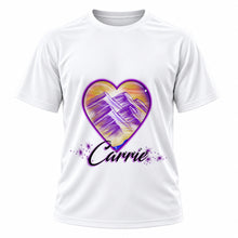 Personalized Heart Mountain Sunset T-Shirt, front-view T-shirt mockup featuring custom Air-Volution artwork by Mythic Airbrush