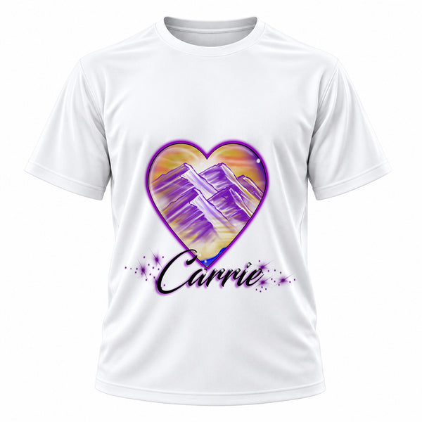 Personalized Heart Mountain Sunset T-Shirt, front-view T-shirt mockup featuring custom Air-Volution artwork by Mythic Airbrush