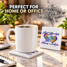 E017 Hearts Waterfall Mountain Sunset ceramic coaster by Mythic Airbrush, original Air-Volution design — product image 4