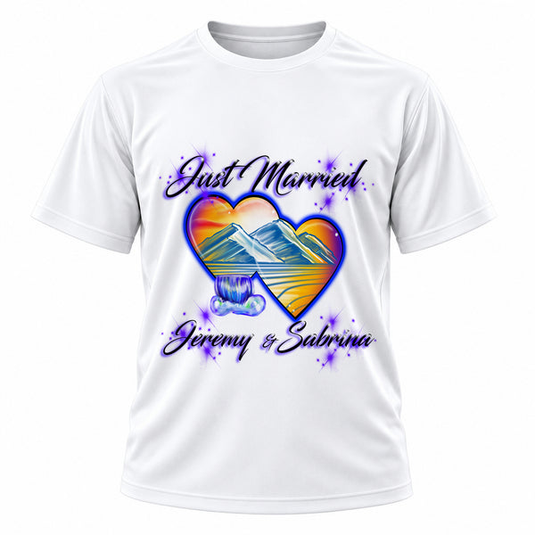 Personalized Hearts Waterfall Mountain Sunset T-Shirt, front-view T-shirt mockup featuring custom Air-Volution artwork by Mythic Airbrush