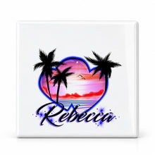 E018 Hearts Beach Sunset ceramic coaster by Mythic Airbrush, original Air-Volution design — main image