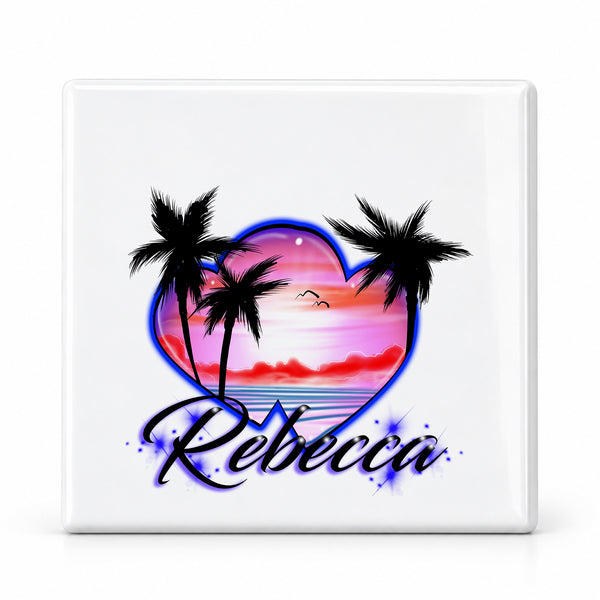 E018 Hearts Beach Sunset ceramic coaster by Mythic Airbrush, original Air-Volution design — main image