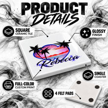 E018 Hearts Beach Sunset ceramic coaster by Mythic Airbrush, original Air-Volution design — product image 3