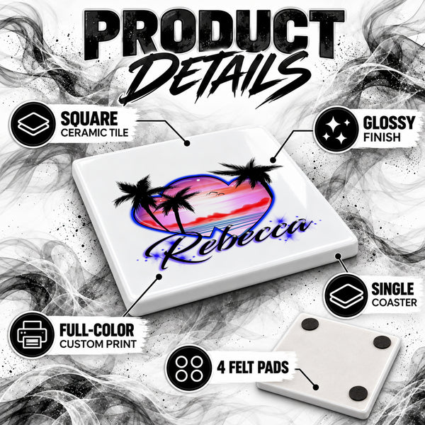 E018 Hearts Beach Sunset ceramic coaster by Mythic Airbrush, original Air-Volution design — product image 3
