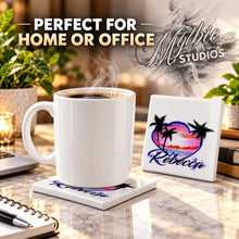 E018 Hearts Beach Sunset ceramic coaster by Mythic Airbrush, original Air-Volution design — product image 4