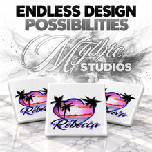 E018 Hearts Beach Sunset ceramic coaster by Mythic Airbrush, original Air-Volution design — product image 6