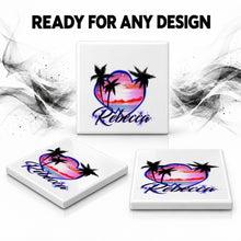 E018 Hearts Beach Sunset ceramic coaster by Mythic Airbrush, original Air-Volution design — product image 7