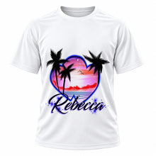 Personalized Hearts Beach Sunset T-Shirt, front-view T-shirt mockup featuring custom Air-Volution artwork by Mythic Airbrush