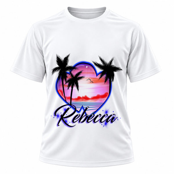 Personalized Hearts Beach Sunset T-Shirt, front-view T-shirt mockup featuring custom Air-Volution artwork by Mythic Airbrush