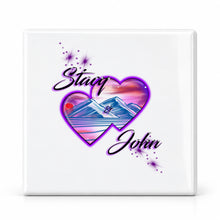 E019 Hearts Mountain Sunset ceramic coaster by Mythic Airbrush, original Air-Volution design — main image