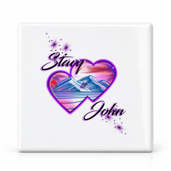 E019 Hearts Mountain Sunset ceramic coaster by Mythic Airbrush, original Air-Volution design — main image