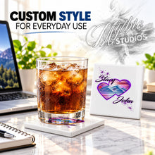 E019 Hearts Mountain Sunset ceramic coaster by Mythic Airbrush, original Air-Volution design — product image 2