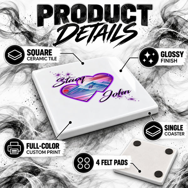 E019 Hearts Mountain Sunset ceramic coaster by Mythic Airbrush, original Air-Volution design — product image 3