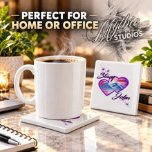 E019 Hearts Mountain Sunset ceramic coaster by Mythic Airbrush, original Air-Volution design — product image 4