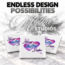 E019 Hearts Mountain Sunset ceramic coaster by Mythic Airbrush, original Air-Volution design — product image 6