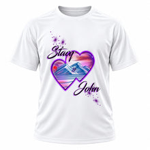 Personalized Hearts Mountain Sunset T-Shirt, front-view T-shirt mockup featuring custom Air-Volution artwork by Mythic Airbrush