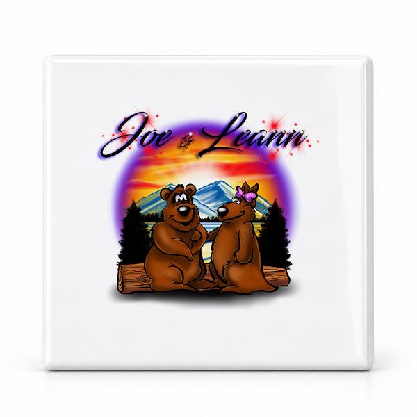 E020 Bears Mountain Sunset ceramic coaster by Mythic Airbrush, original Air-Volution design — main image
